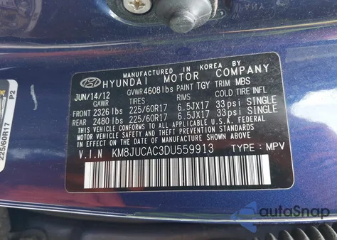 2013 Hyundai Tucson Gls/Limited z USA, uszkodzony, nr VIN KM8JUCAC3DU559913